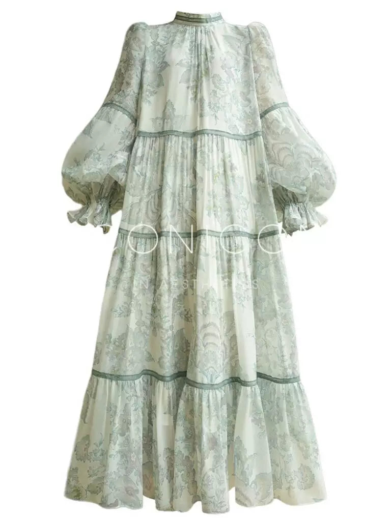 French Vintage Print Maxi Dress – Loose Elegant Style