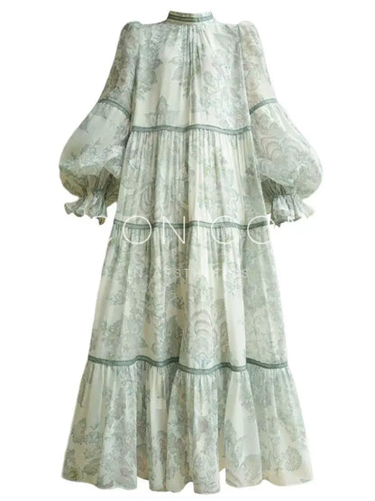 French Vintage Print Maxi Dress – Loose Elegant Style