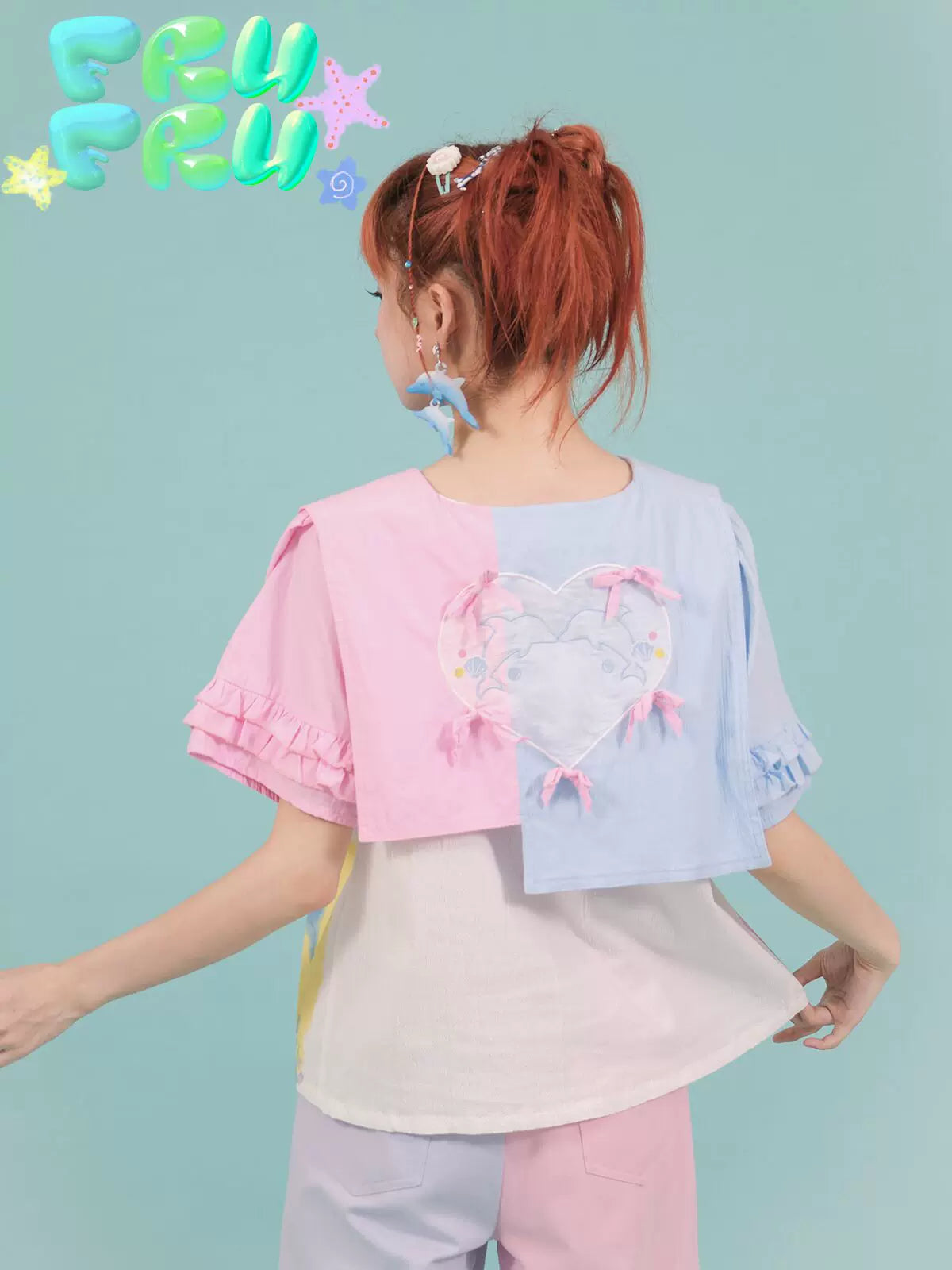 Gollum Store Original cute powder blue patchwork navy collar print embroidered loose shirt