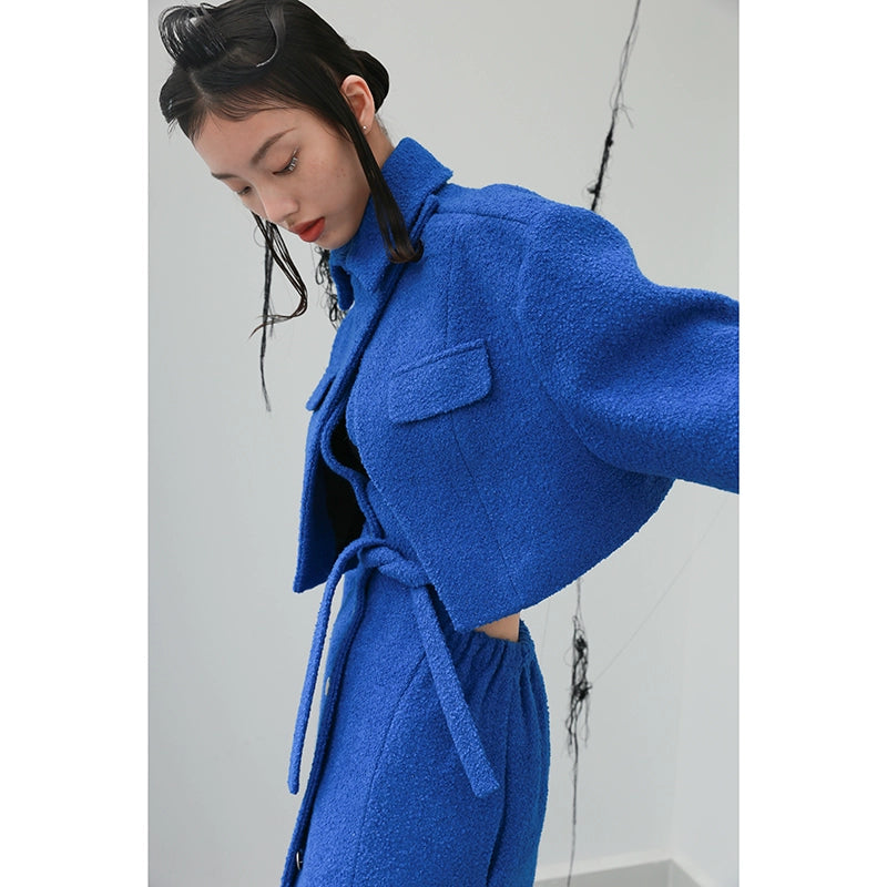 Klein Blue Wide Shoulder Hollow Woolen Coat T345