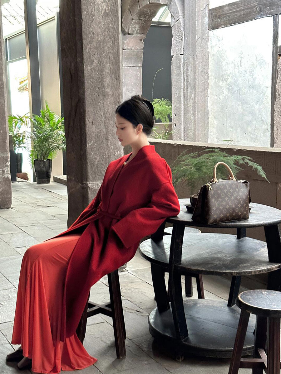New Chinese Red Cashmere Coat – Elegant Shawl Cloak Tweed Jacket