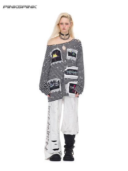 Rock Frog Stripe Lace Print Loose Y3K Sun-Protect Tee