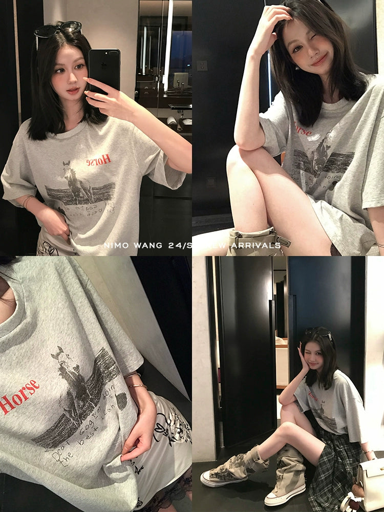 [High Street Girl] Grey Printed Short-Sleeve T-Shirt - Summer Lazy Style