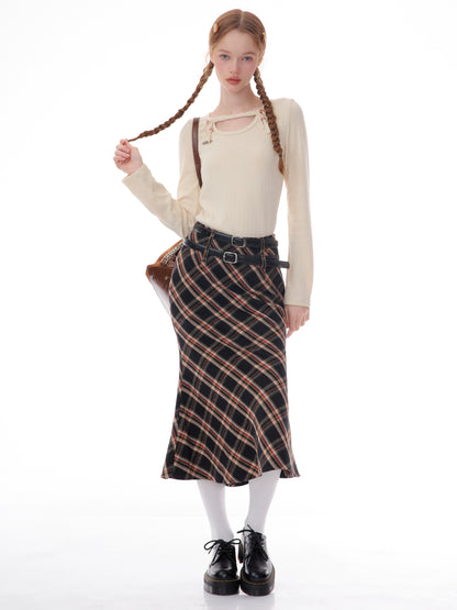 Plaid Wool Fish Tail Skirt | Retro Checkered Autumn/Winter Slim Fit