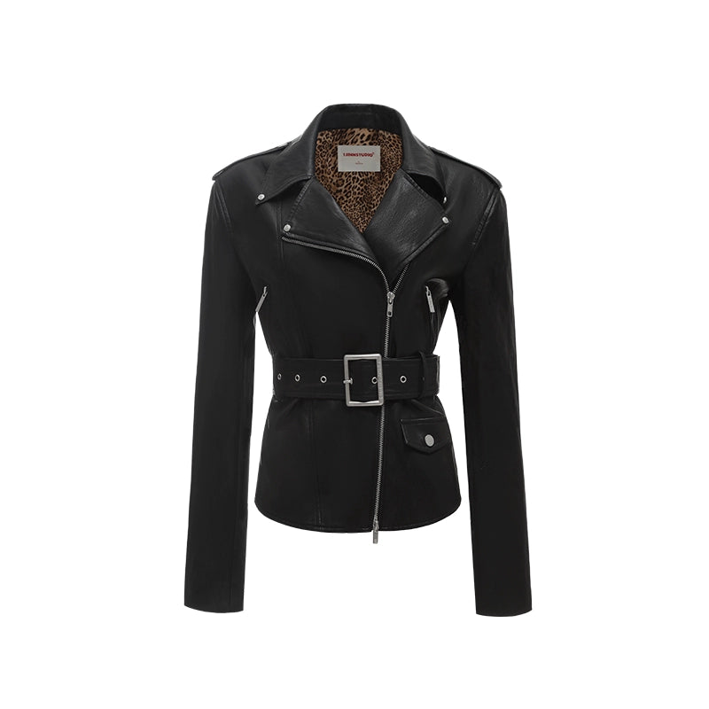 Cropped Slim Fit Black Biker Leather Jacket – Fall/Winter Classic Lapel Style