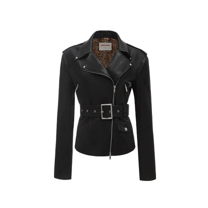 Cropped Slim Fit Black Biker Leather Jacket – Fall/Winter Classic Lapel Style