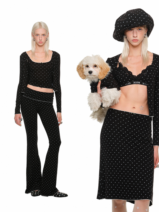 Polka Dot & Cat Paw Lace U-Neck Cardigan – Slim Fit Short Coat for Cute Looks