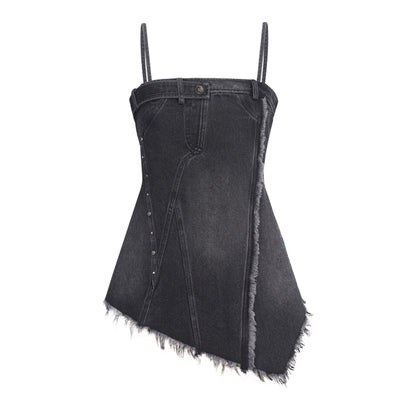 Waste Soil Denim Ragged Edge Splicing Black Sling Dress