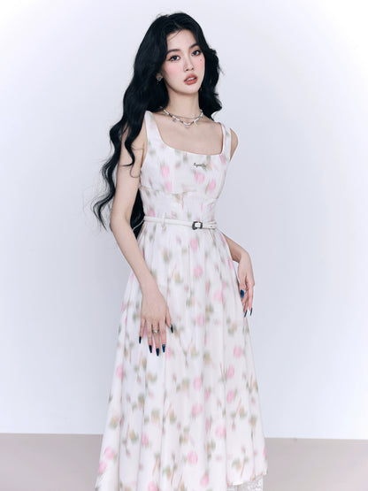 White Peach Rose Floral Lace Strap Dress