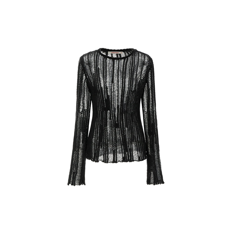 Chunky Knit Cutout Pullover – Loose Crewneck with Skinny Long Sleeves