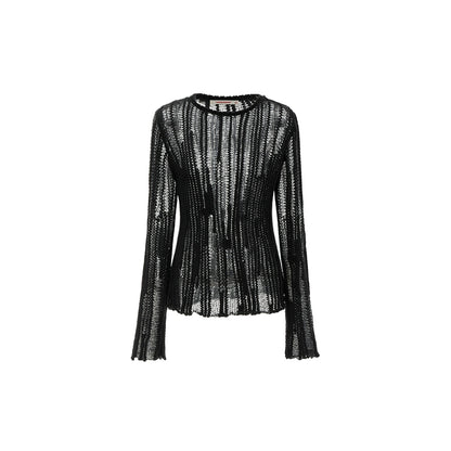 Chunky Knit Cutout Pullover – Loose Crewneck with Skinny Long Sleeves