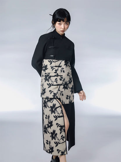 New Chinese Style Leather Buckle Jacquard Black Skirt