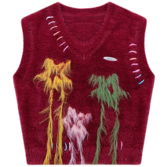 Tassel Star V-neck Sweater Vest | Red Christmas Design for Autumn/Winter