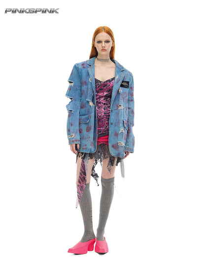 Distressed Shoulder-Padded Genderless Wasteland Denim Jacket