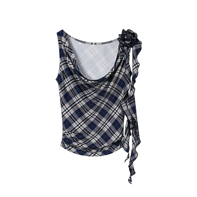 Retro Checkered One-Shoulder Slim T-Shirt - Summer Hot Girl Style