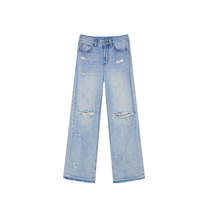 [Rebellious Cowboy] Light Ripped High-Waist Straight Jeans - Summer Loose Fit