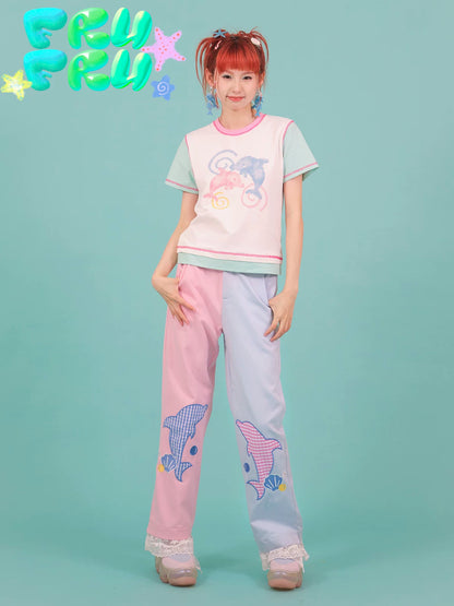 Gollum Store Original Cute Summer Girl Pink Blue Color-Block Dolphin Lace Casual Loose Long Pants