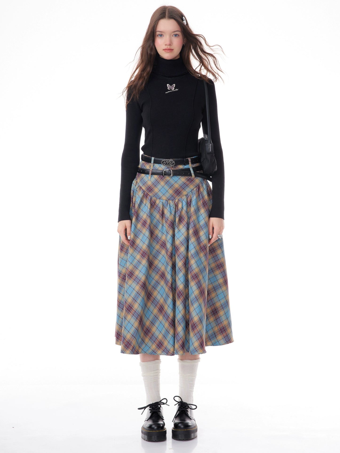 Blue Plaid Pleated Skirt | High Waist Slim Fit Retro Design for Autumn/Winter