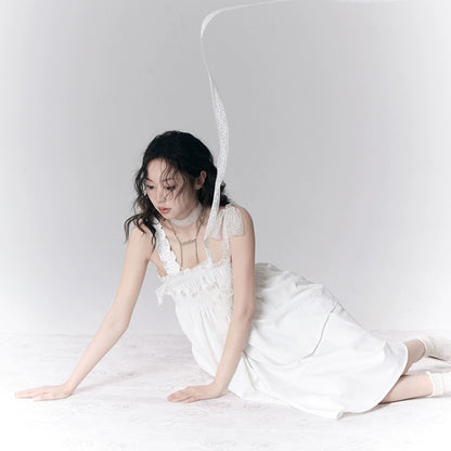 White Litchi Rose Romantic Splicing Sling Dress