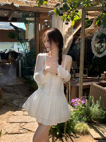 [Pure White Love] White Knitted Two-Piece Strap Skirt Set - Summer Style