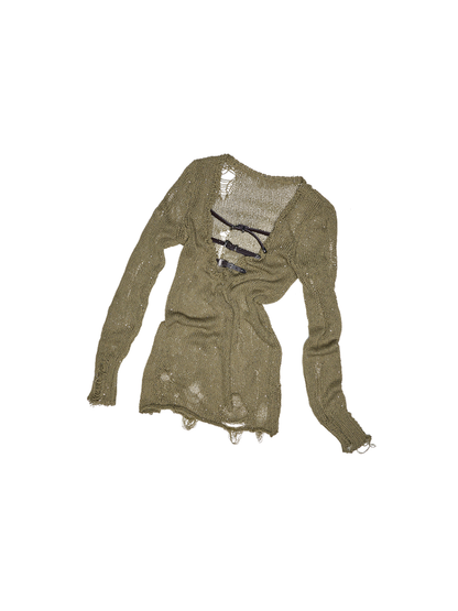 Beaded Cut-Out Knit Blouse – V-Neck Slim Semi-Sheer Knit