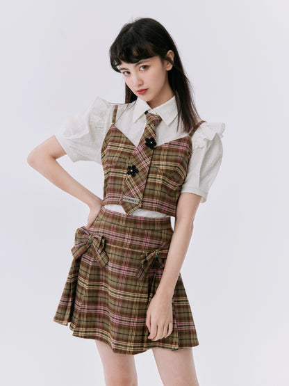 Brown Checkered Suit Short Skirt Three Piece Set