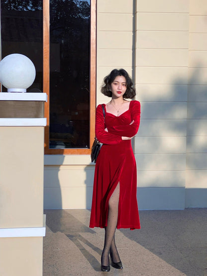 Square-Neck Velvet Long Sleeve Slit Dress – French Retro Winter Style