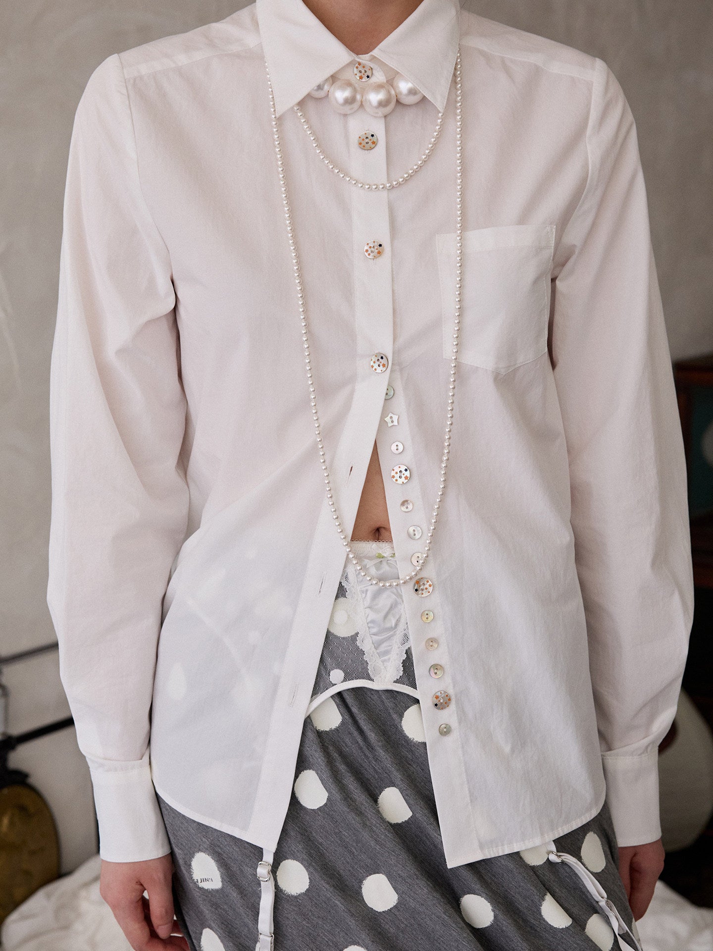 Shell Buckle Asymmetric Shirt