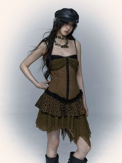 Lace Leopard Print Suspender Dress | Slim Fit Dark Punk Style