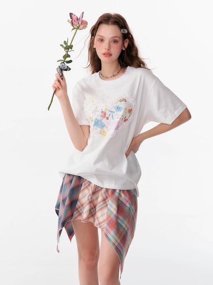 Love Graffiti Printed T-shirt | Loose Round Neck Retro Design for Summer