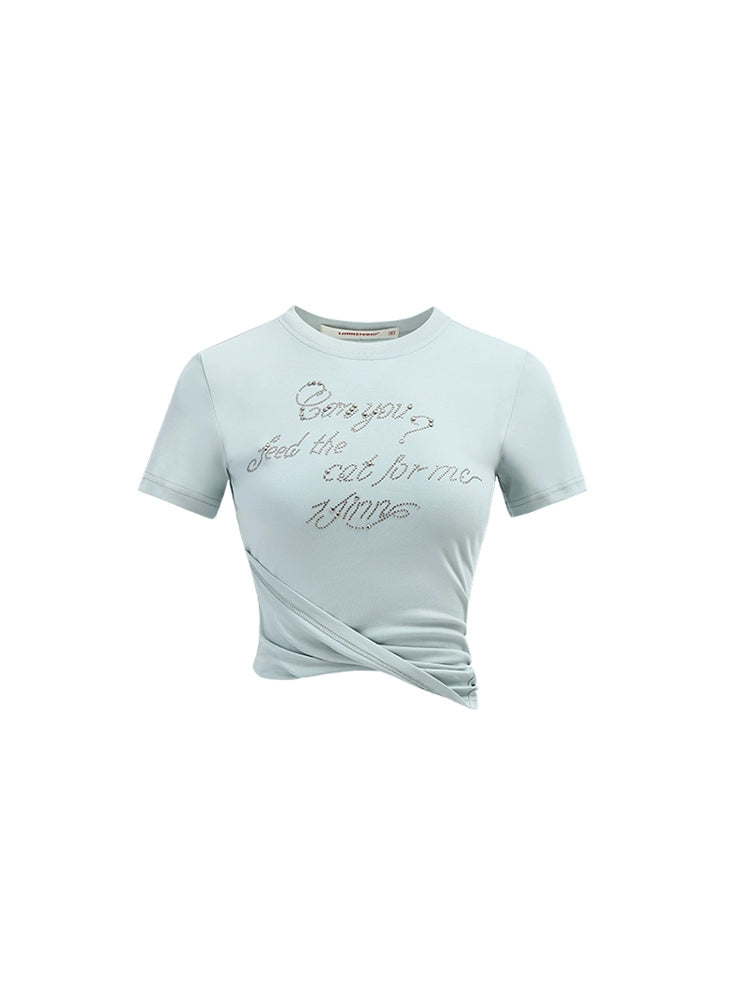 Pleated Waist Studded Crop T-Shirt – Slim Silhouette with Design Flair