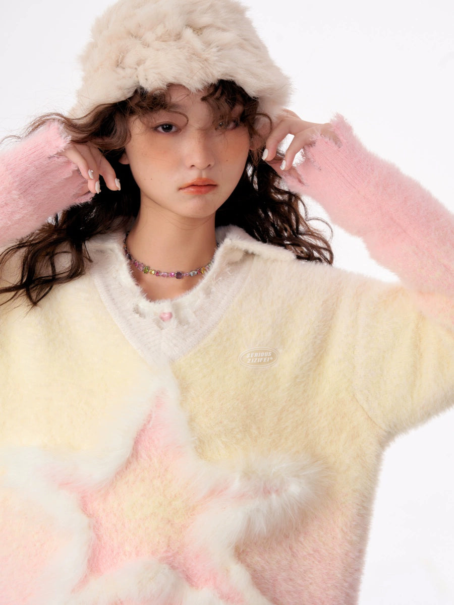 Autumn/Winter Essential | Gradient Star Pattern Mohair V-Neck Sweater