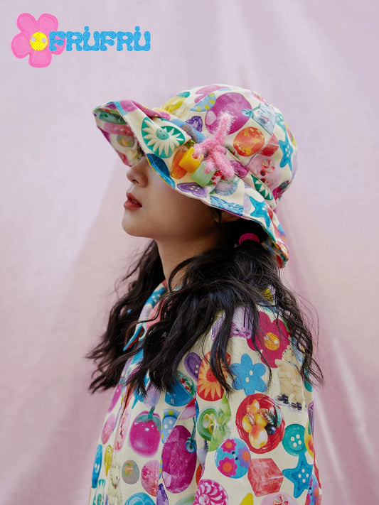 Gollum Store & Happy collaboration original design girl's print colorful sweet spicy bucket hat