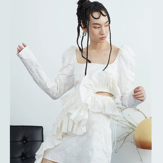Retro Jacquard Pleated Lace Bubble Sleeve Dress