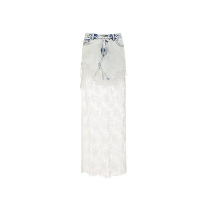 French Lace Panel Denim Maxi Skirt – Sheer Feminine Design