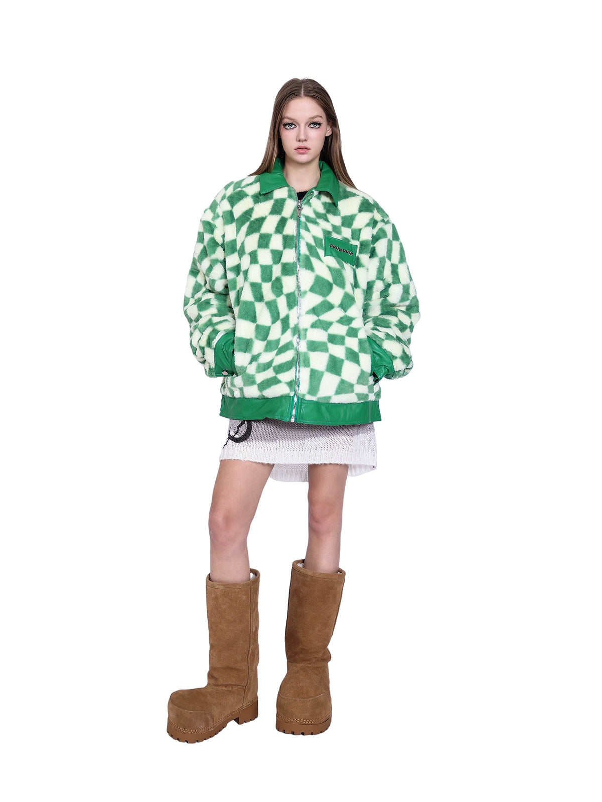 Twisted Checkerboard Plush Panels Chic Fur Coat