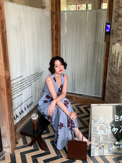 Flower Ripple Printed V-Neck Maxi Dress