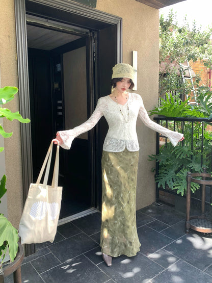 Golden Branches High-Waisted Fishtail Midi Skirt – Hong Kong Retro Autumn