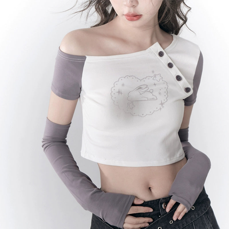 Powder Blusher Rabbit Asymmetrical Off Shoulder T-shirt