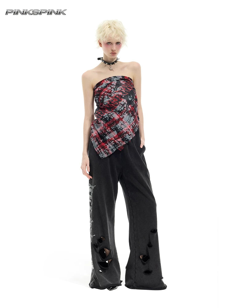 Spray-painted red plaid print unisex Y3K strapless scarf/headscarf