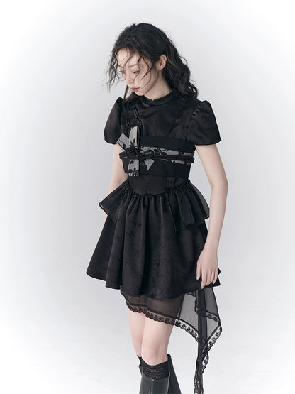 New Chinese Style Button Up Bubble Sleeve Dress