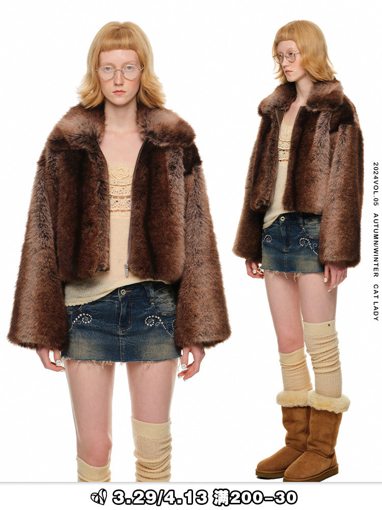 Gradient Eco-Fur Fur Jacket Women's Loose Warm Winter Crop Top