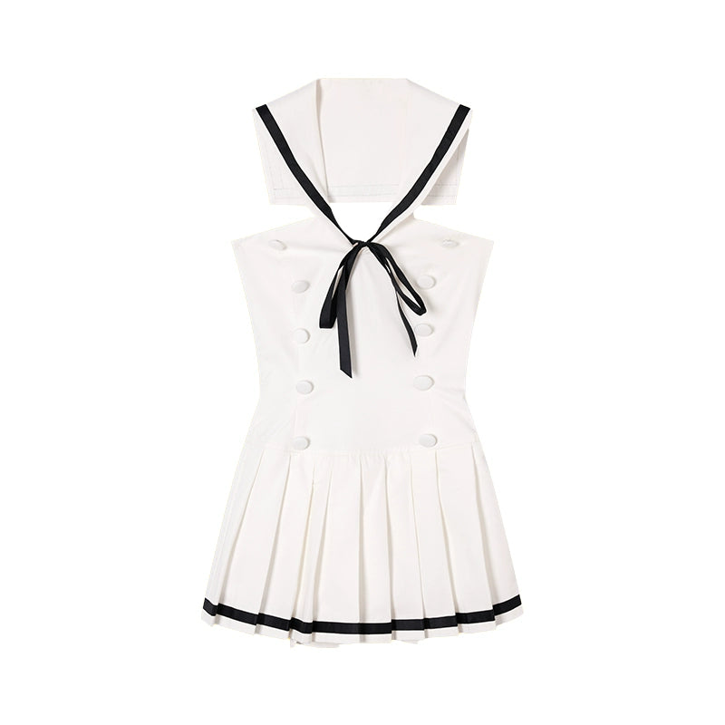 [Millennium Girl] Spicy Navy Collar Dress - Summer White Pleated Skirt