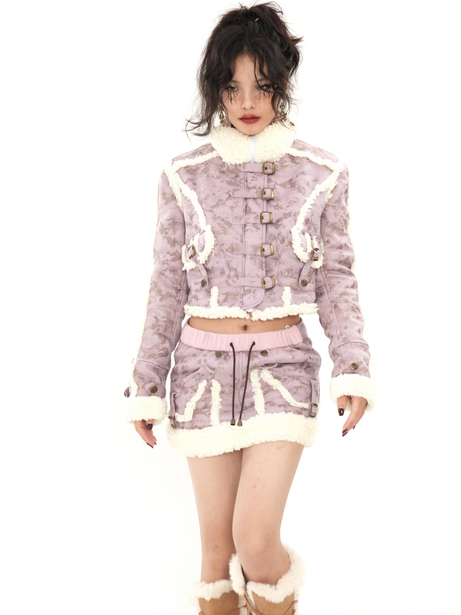 Original Design Leather Cashmere Wool Warm Coat Short Skirt Set