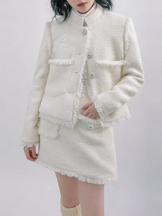 Salt Tea Original Rose Embroidered Wool Short Coat