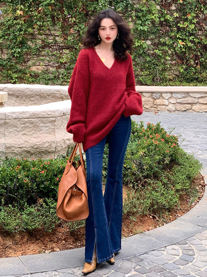 Soft V-Neck Sweater & Flared Denim Set