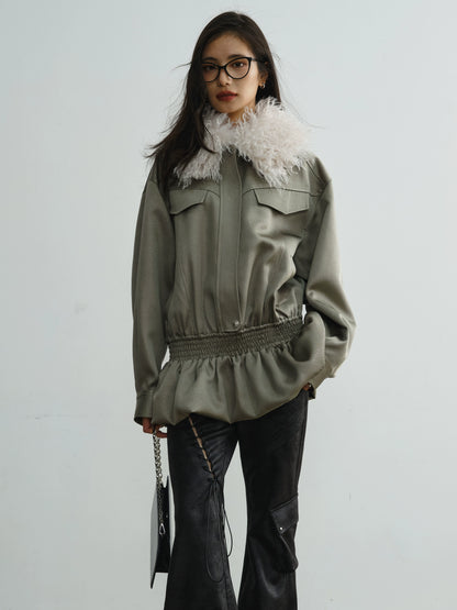 Ruffled Hem Satin Glossy Jacket with Wool Collar