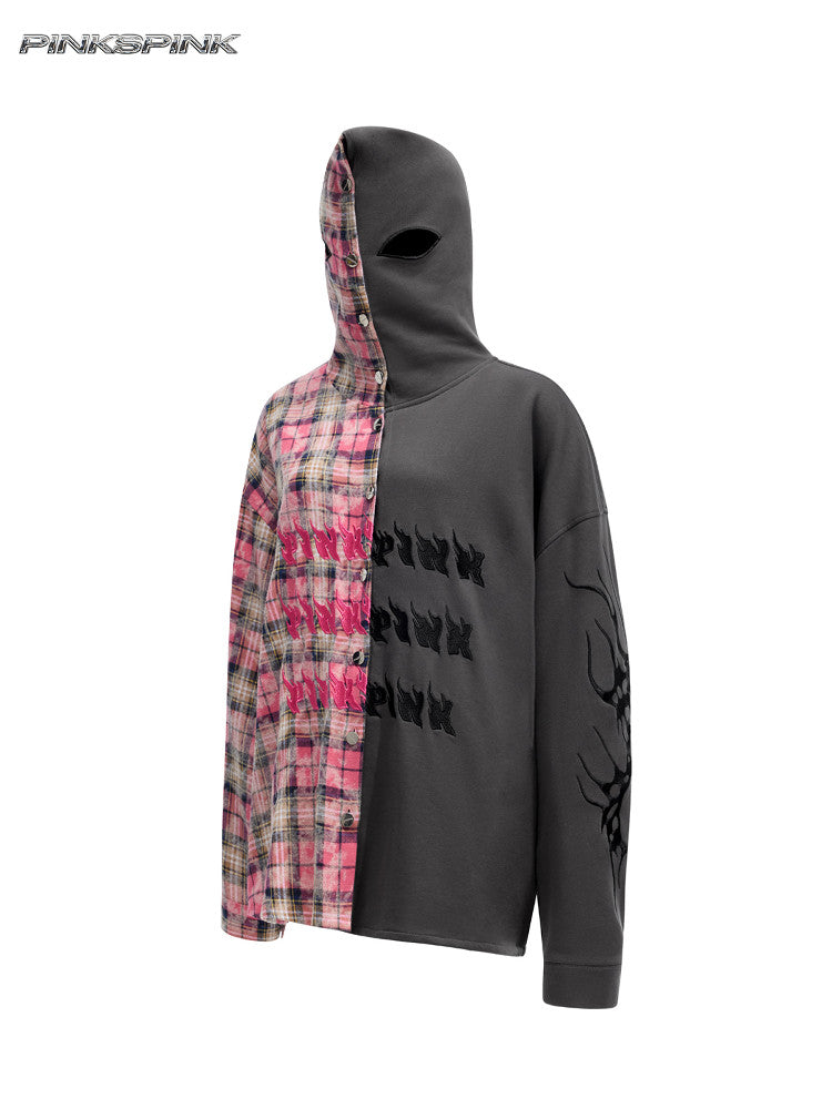 Patchwork Hooded Embroidered Unisex Y3K Plaid Shirt