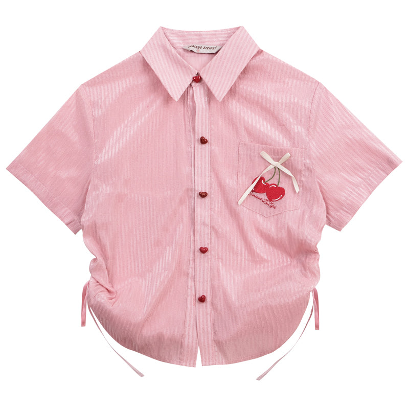 Cherry Embroidery Short Sleeve Shirt