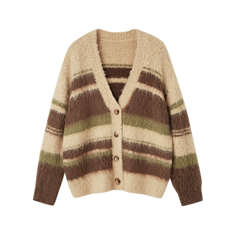 Latte a strisce di contrasto -v -collo di cardigan